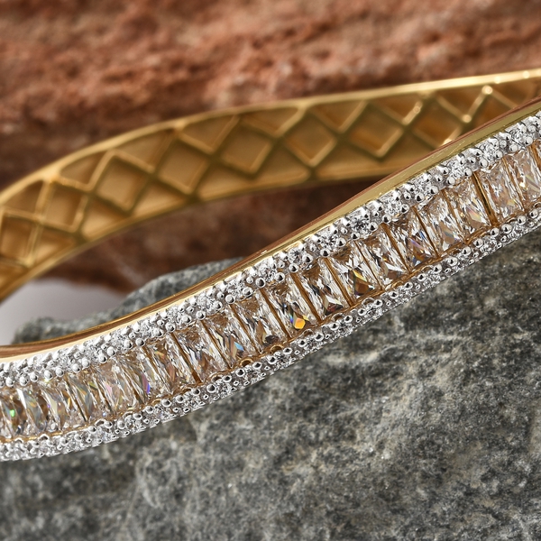 J Francis - 14K Gold Overlay Sterling Silver (Bgt and Rnd) Bangle (Size - 7.75) Made with Finest CZ, Silver wt 30.36 Gms.