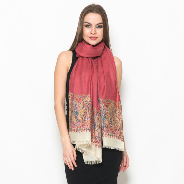 Limited Available - Designer Inspired 100% Merino Wool Multi Colour Paisley Embroidered Pink Colour 