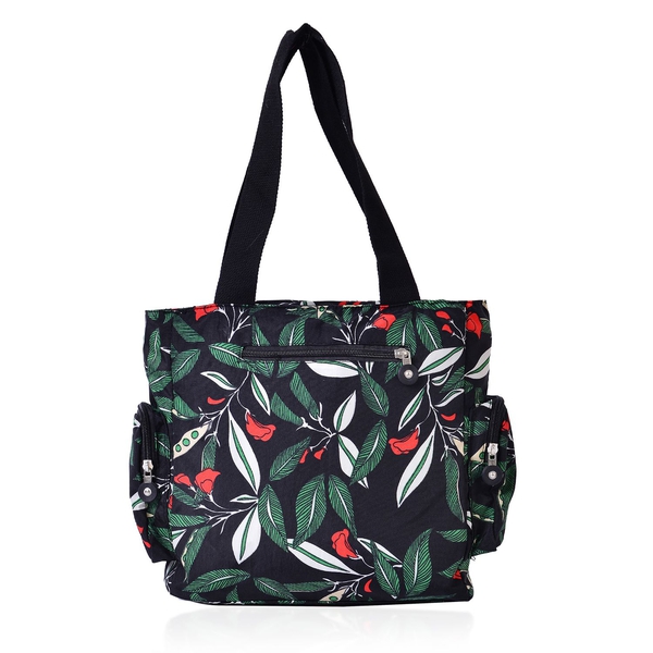 Black and Multi Colour Leaves Pattern Waterproof Sport Bag with External Zipper Pocket (Size 28x28x10 Cm)