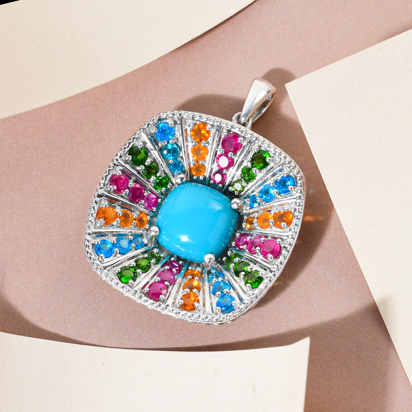 Arizona Sleeping Beauty Turquoise and Multi Gemstones Cluster Pendant in Platinum Overlay Sterling Silver 8.04 Ct, Silver Wt. 7.00 Gms