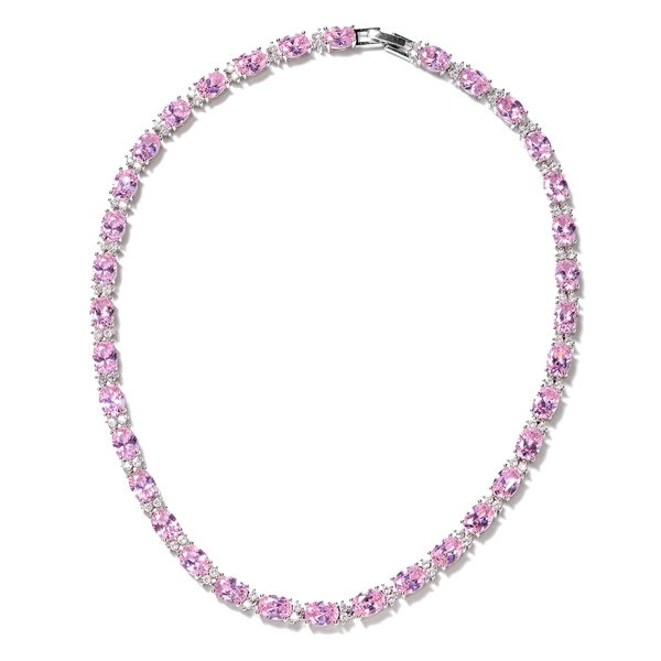 Simulated Pink Sapphire and Simulated Diamond Tennis Necklace in Silver Tone 16 Inch