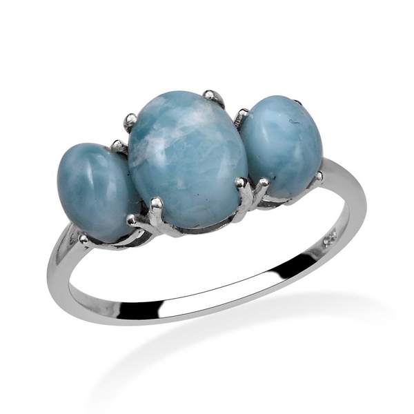 Larimar (Ovl 2.00 Ct) 3 Stone Ring in Platinum Overlay Sterling Silver 3.750 Ct.