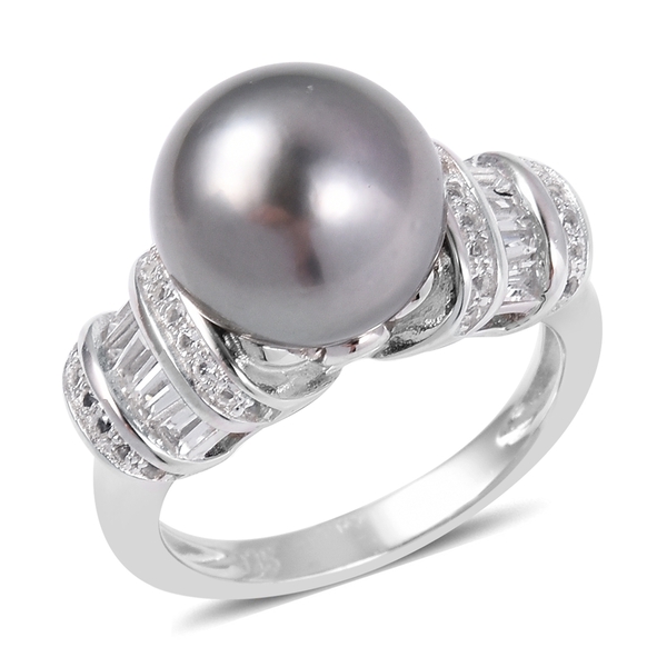 Tahitian Pearl and White Topaz Cluster Ring in Rhodium Plated Silver