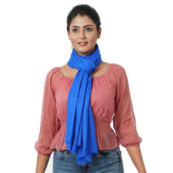 100% Cashmere Wool Royal Blue Colour Scarf with Fringes (Size 190X70 Cm)