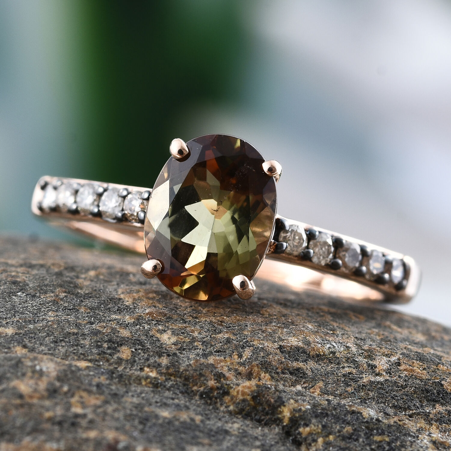 9K Rose Gold Brazilian Andalusite (Ovl 1.35 Ct), Natural Champagne Diamond Ring 1.500 Ct.