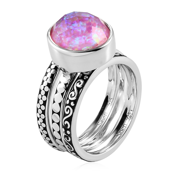 Sajen Silver Cultural Flair Collection - Set of 3 Quartz Doublet Simulated Opal Pink Ring in Rhodium Overlay Sterling Silver 3.10 Ct,  Silver Wt. 6.0 Gms