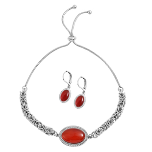 2 Piece Set - Red Agate Bracelet ( Size 6.5- 11 Inch Adjustable)  and Earrings ( With Lever Back) in