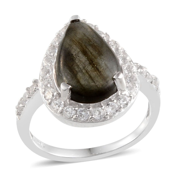 Labradorite (Pear 5.75 Ct), White Topaz Ring in Platinum Overlay Sterling Silver 6.900 Ct.