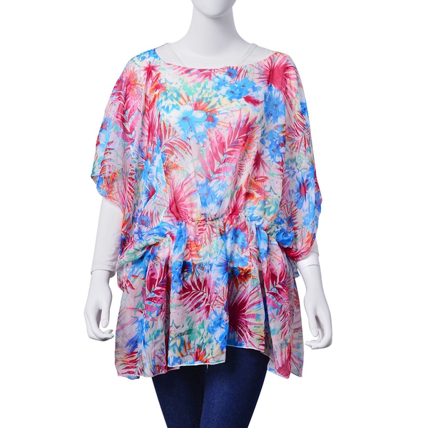 Fuchsia and Blue Colour Floral and Leaves Pattern White Colour Tunic (Free Size)