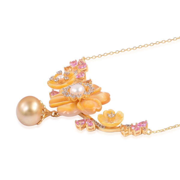 Jardin Collection - Yellow Mother of Pearl, South Sea Golden Pearl, Pink Sapphire and Multi Gemstone Flower Necklace (Size 18 with 2 inch Extender) in Yellow Gold Overlay Sterling Silver