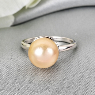 Royal Bali Collection- Golden South Sea Pearl Solitaire Ring in Platinum Overlay Sterling Silver