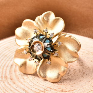 Galatea Pearl - Tahiti Pearl and Natural Cambodian Zircon Flower Design Carved Ring in Yellow Gold O