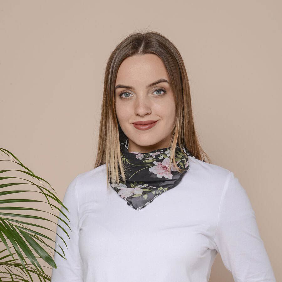 2 in 1 Flower Pattern Chiffon Soft Feel Scarf and Protective Face Covering (Size 45x45 Cm) - Black - Pink