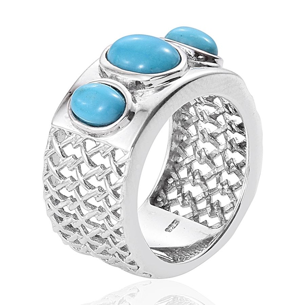 Arizona Sleeping Beauty Turquoise (Ovl 1.15 Ct) 3 Stone Ring in Platinum Overlay Sterling Silver 2.000 Ct.