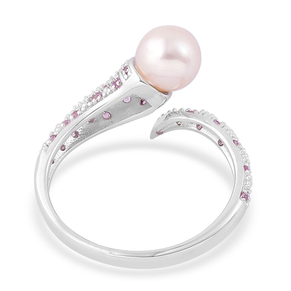 PEARL EXPRESSIONS Japanese Akoya Pearl (Rnd), Pink Sapphire Ring in Rhodium Plated Sterling Silver