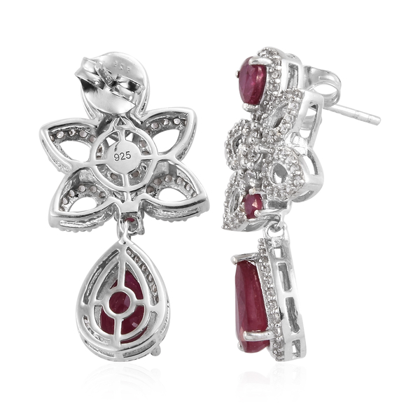 African Ruby (Pear), Natural Cambodian Zircon Earrings (with Push Back) in Platinum Overlay Sterling Silver 6.750 Ct, Silver wt 5.53 Gms.
