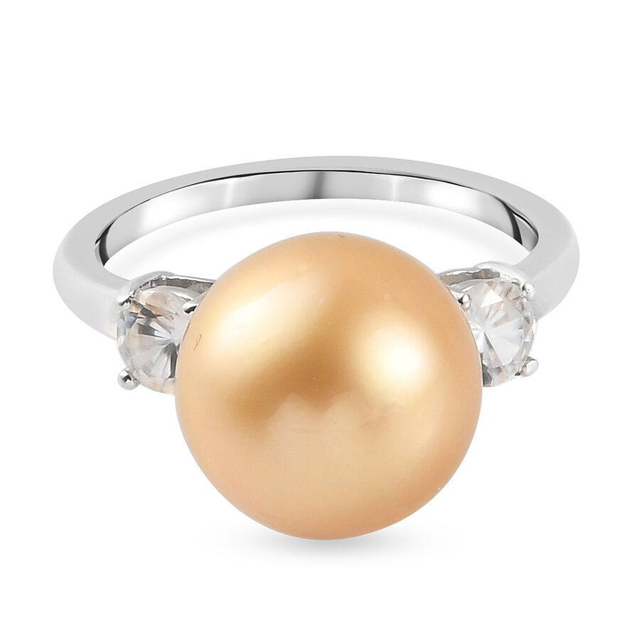 Golden South Sea Pearl and Natural Zircon Ring in Platinum Overlay Sterling Silver
