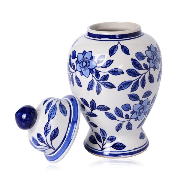 (Option 1) Classic Chinese Blue Colour Flower and Leaves Printed White Colour Pot (Size 26 Cm)