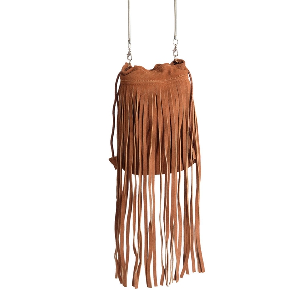Genuine Leather Tan Colour Potli Bag with Long Fringes and Chain Strap (Size 21x20x9.5 Cm)