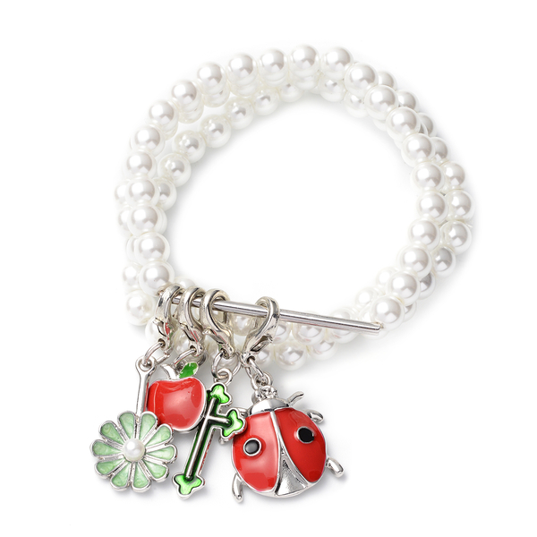 Set of 3 - White Shell Pearl Stretchable Enamelled Four Charm Bracelet in Silver Tone