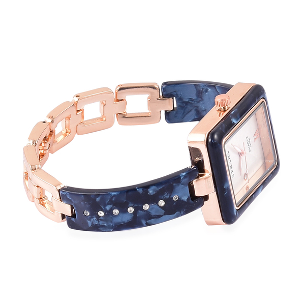 STRADA Japanese Movement White Austrian Crystal Studded Dial Watch in Rose Gold Tone with Blue Colour Strap