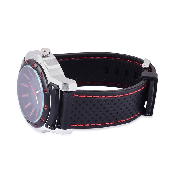 STRADA Japanese Movement Black and Red Dial Water Resistant Watch in Silver Tone with Stainless Back and Black Silicone Strap