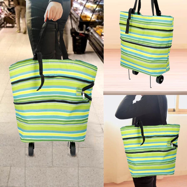 Reusable and Foldable Two Way Shopping Bag with Wheels (Size 50x20x40 Cm) - Green and Multi