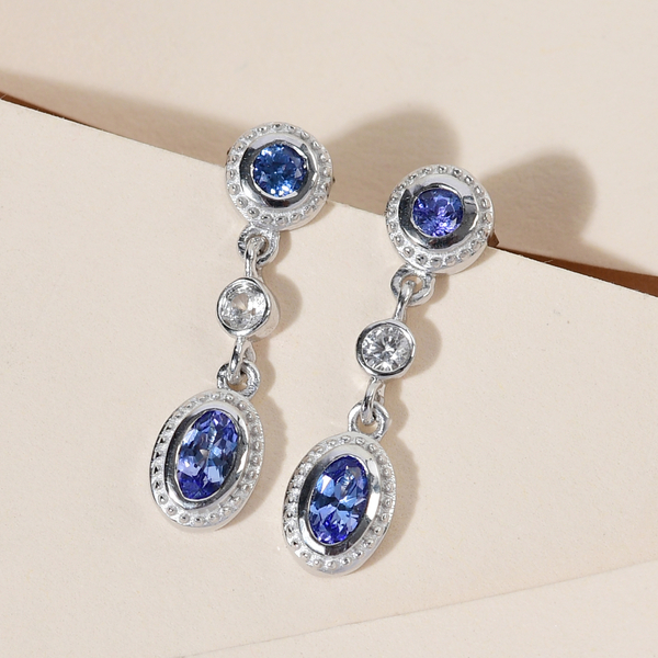 Tanzanite and Natural Cambodian Zircon Dangling Earrings (With Push Back) in Platinum Overlay Sterling Silver