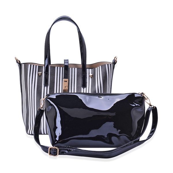 Set of 2 - Stripe Pattern Black and White Colour Large and Black Colour Small Handbag with Adjustable and Removable Shoulder Strap (Size 41.5x27.5x14, 35x18x13 Cm)