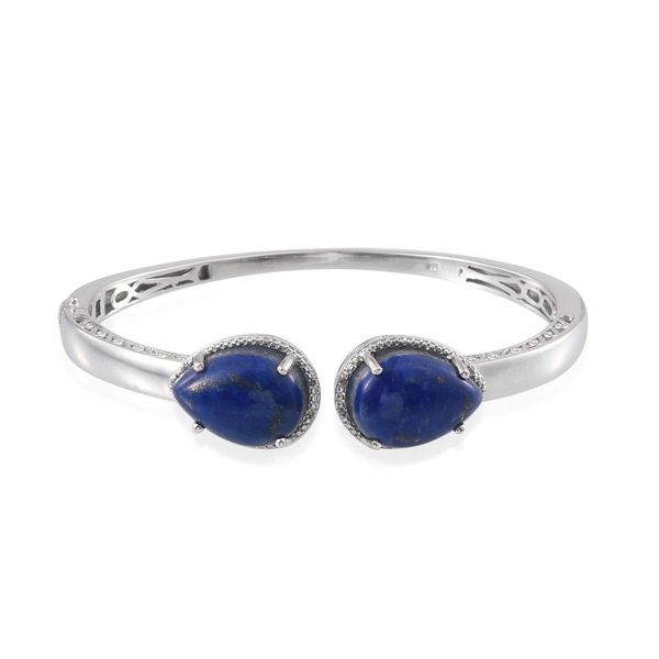 Lapis Lazuli (Pear), Diamond Bangle (Size 7.5) in Platinum Overlay Sterling Silver 20.550 Ct.