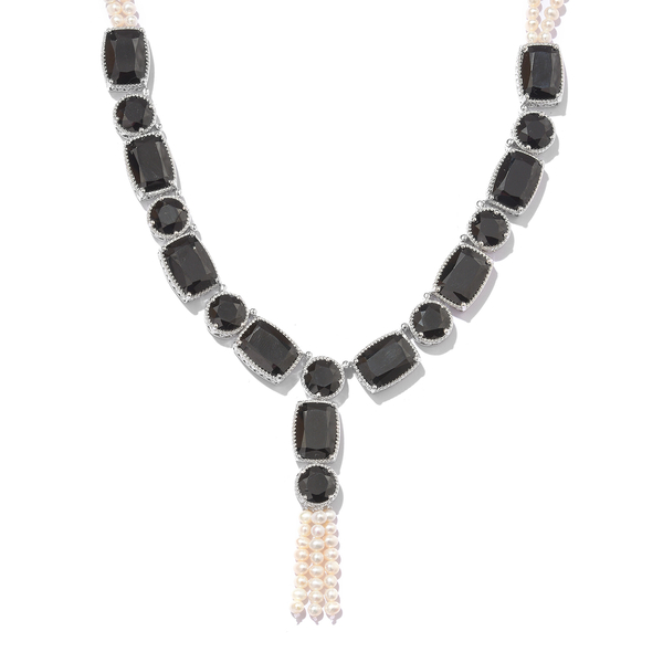 Designer Inspired - Boi Ploi Black Spinel (Cush), Pearl Necklace (Size 18 and 2 inch Extender) in Platinum Overlay Sterling Silver 202.500 Ct.
