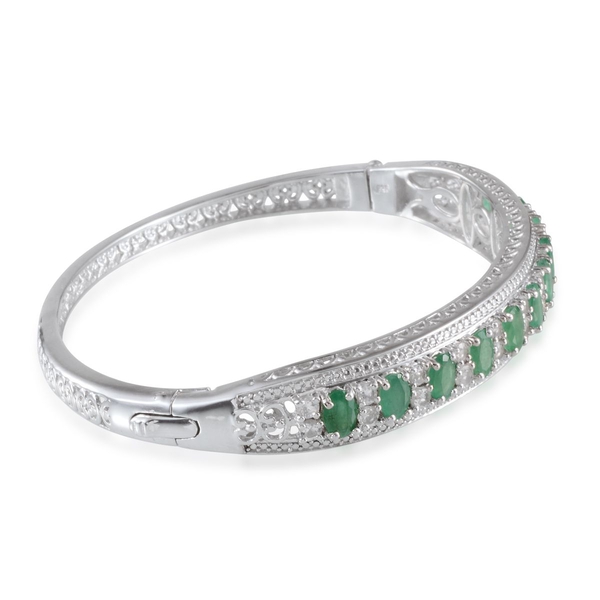 Kagem Zambian Emerald (Ovl), White Topaz Bangle (Size 7.5) in Platinum Overlay Sterling Silver 7.250 Ct.