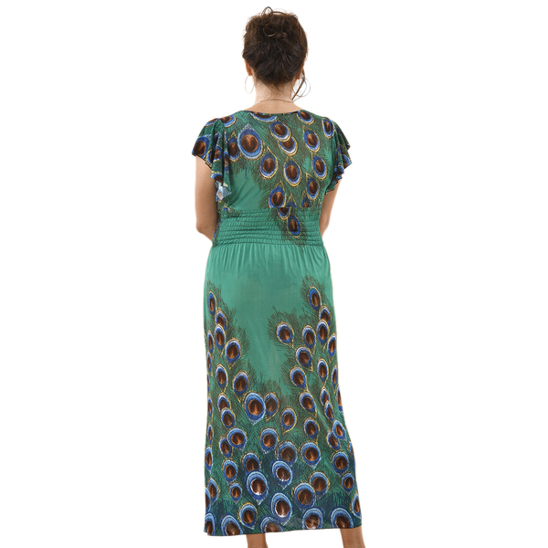 Tamsy Peacock Feather Pattern Stretch Waistband Maxi Dress (Size 8-20) - Green & Multi