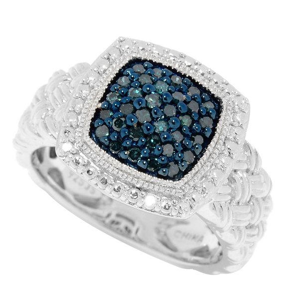 0.25 Ct Blue Diamond Cluster Ring in Blue Rhodium Plated Silver 5.50 Grams