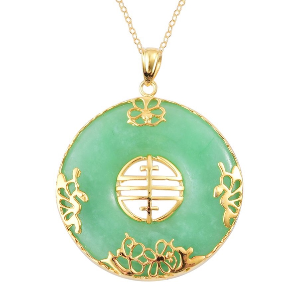 Green Jade Chinese Character FENG (Abundance) Pendant With Chain in Yellow Gold Overlay Sterling Sil