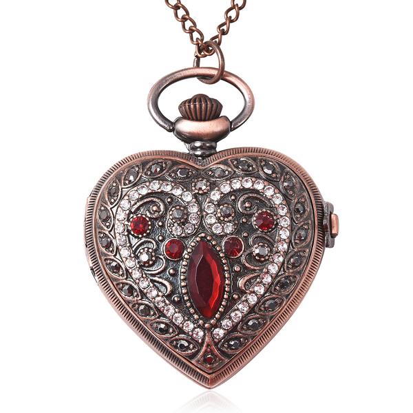 STRADA Japanese Movement Simulated Ruby (Mrq), Multicolour Austrian Crystal Water Resistant Heart Pocket Watch with Chain in Rose Gold Plated