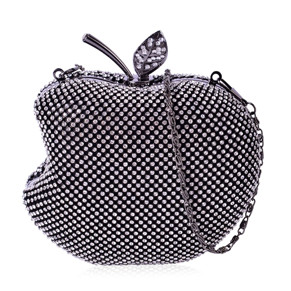 White Austrian Crystal Studded Apple Design Clutch Bag in Black Tone with Removeable Chain Strap (Si