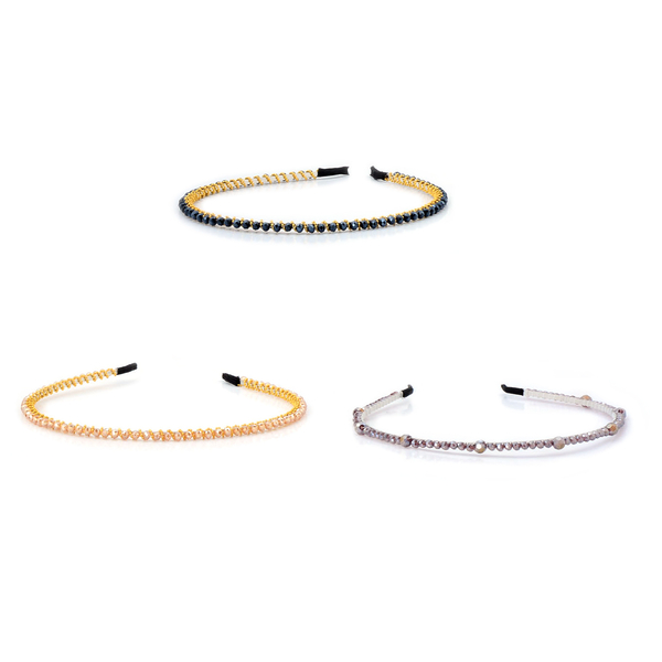 Set of 3 - Light Purple, Dark Blue and Champagne Glass Bead Head Band in Silver and Gold Tone