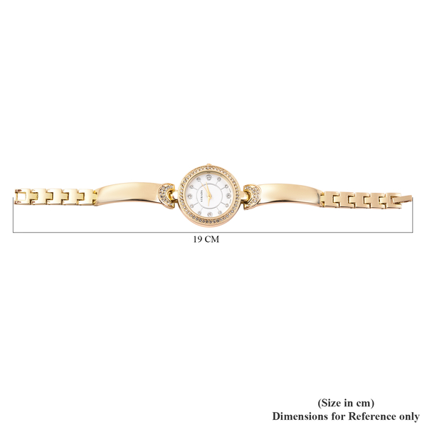 STRADA Japanese Movement White Austrian Crystal Studded White Dial Water Resistant Watch with Chain Strap in Gold Tone
