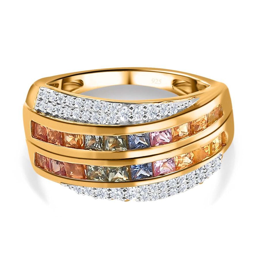 Rainbow Sapphire & Natural Zircon Cluster Multi Row Ring in 18K Vermeil Yellow Gold Plated Sterling Silver 1.98 Ct
