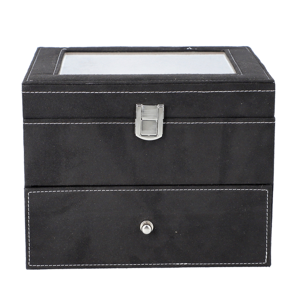 2 Layer Velvet Watch Box with Transparent Window and Lock (Size 20x16x17 Cm) - Black