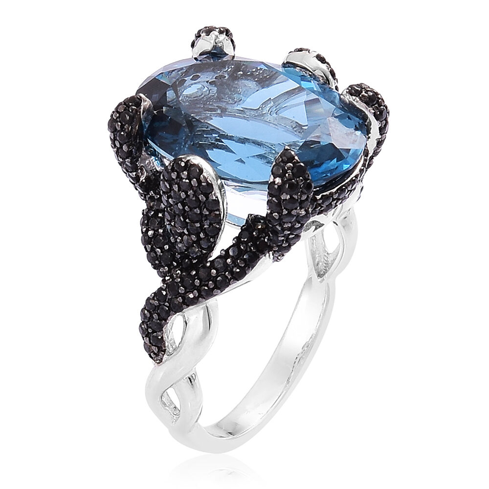 Designer Inspired- London Blue Topaz (Ovl 11.25 Ct), Boi Ploi Black Spinel Cocktail Ring in Rhodium Plated Sterling Silver 12.580 Ct. Number of Gemstone 205