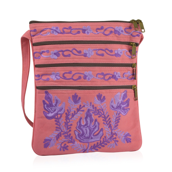 Pink and Purple Colour Hand Embroidered Floral and Leaves Pattern Sling Bag with External Zipper Poc