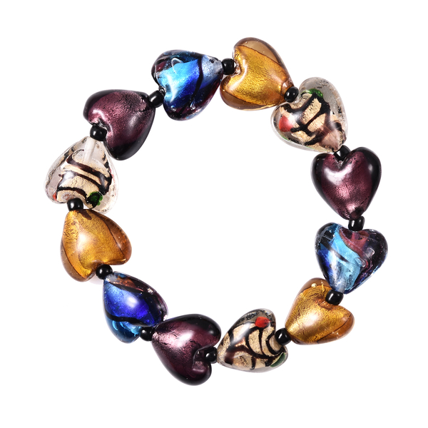 2 Piece Set - Multi Colour Murano Style Glass and Simulated Black Spinel Stretchable Heart Bracelet and Hook Earrings in Stainless Steel