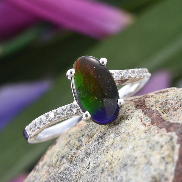 AA Canadian Ammolite (Ovl 12x7mm), Natural Cambodian Zircon Ring in Platinum Overlay Sterling Silver 2.250 Ct.