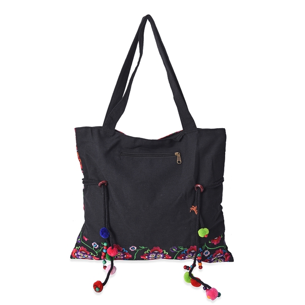Embroidered Floral Tote Bag with Zipper Closure and Drawstring (Size 45x38 Cm) - Multi