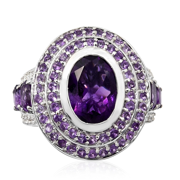 8.25 Ct Amethyst and Zircon Art Deco Halo Ring in Platinum Plated Silver 10.17 Grams