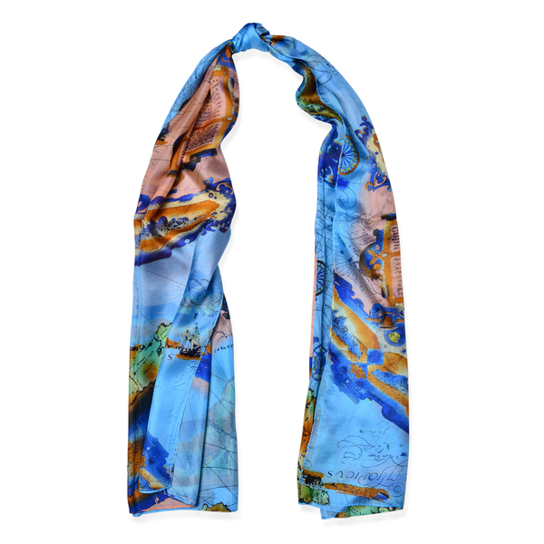 100% Mulberry Silk Map and Nautical Pattern Light Blue, Peach and Multi Colour Scarf (Size 180x110 Cm)