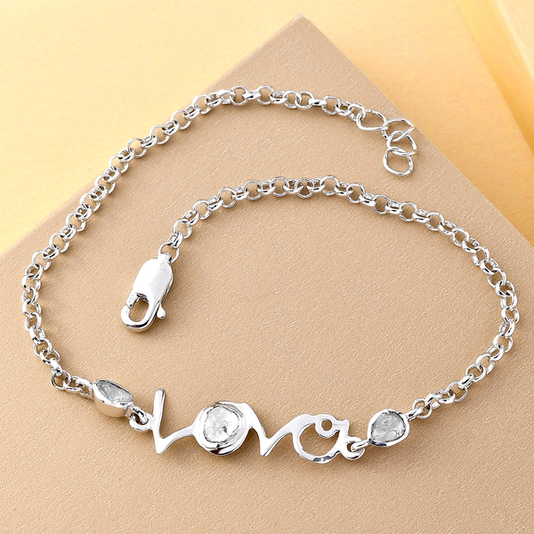 Polki Diamond Love Belcher Bracelet (Size 8 with Extender) with Lobster Clasp in Platinum Overlay Sterling Silver