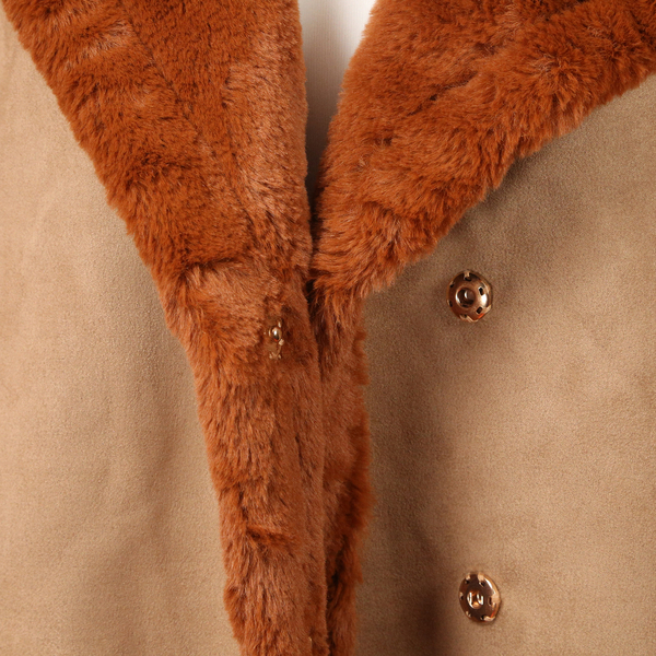 Urban Mist Faux Fur Suede Shearling Soft Fleece Lined Collar Coat with Pockets - Rust Brown